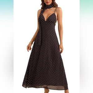 Elegant Brown Polka Dot Dress with Scarf
